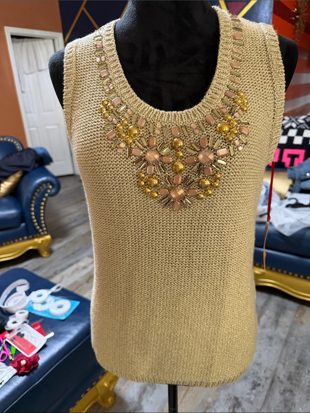 Ruby Rd Gold Metallic Beaded/Gem Sleeveless Knit Top-NWT
